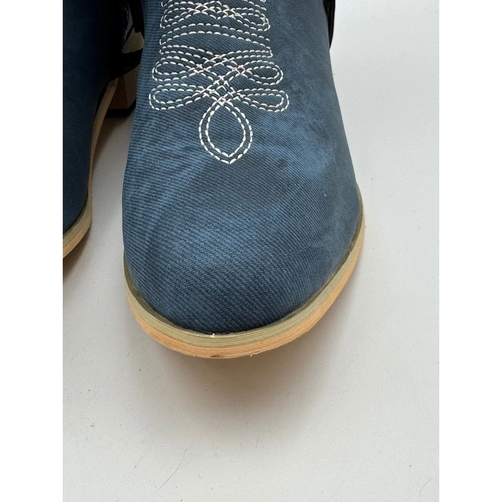 Blue Denim Embroidered Western Knee High Boots Harness Detail Tall Zip Up